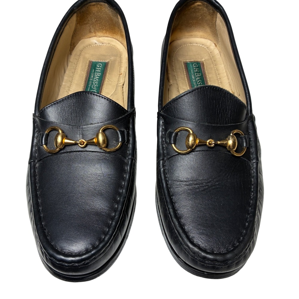 GH Bass Black Leather Horsebit Loafers Gold Bit Preppy Classic Mens 8.5 M
